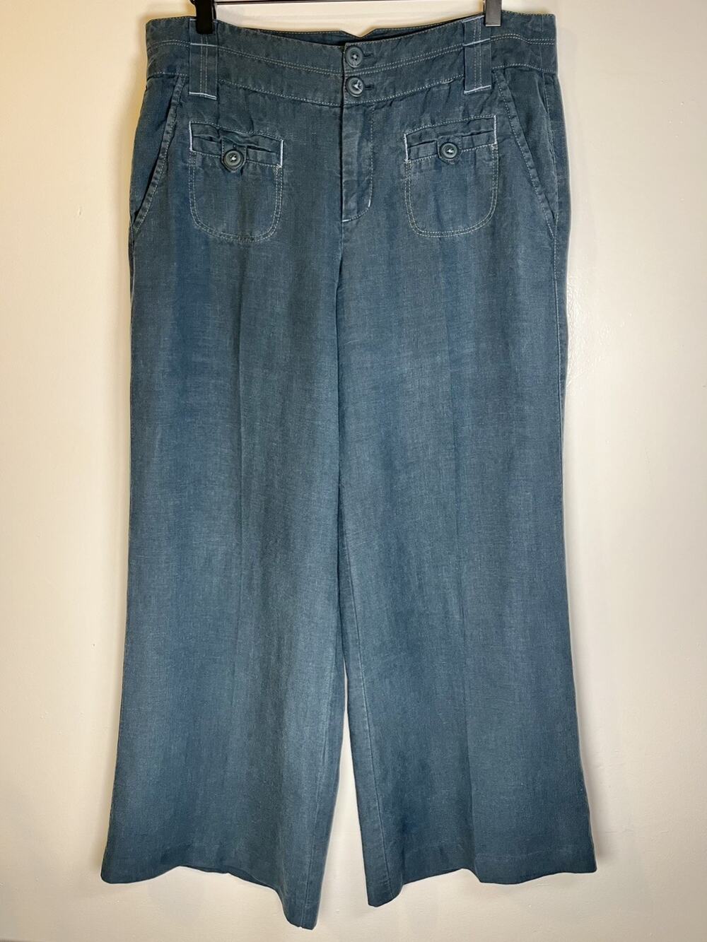 Idra Anthropologie 100% Linen Wide Leg Front Pocket Pants Navy Sz 10/12 Coastal